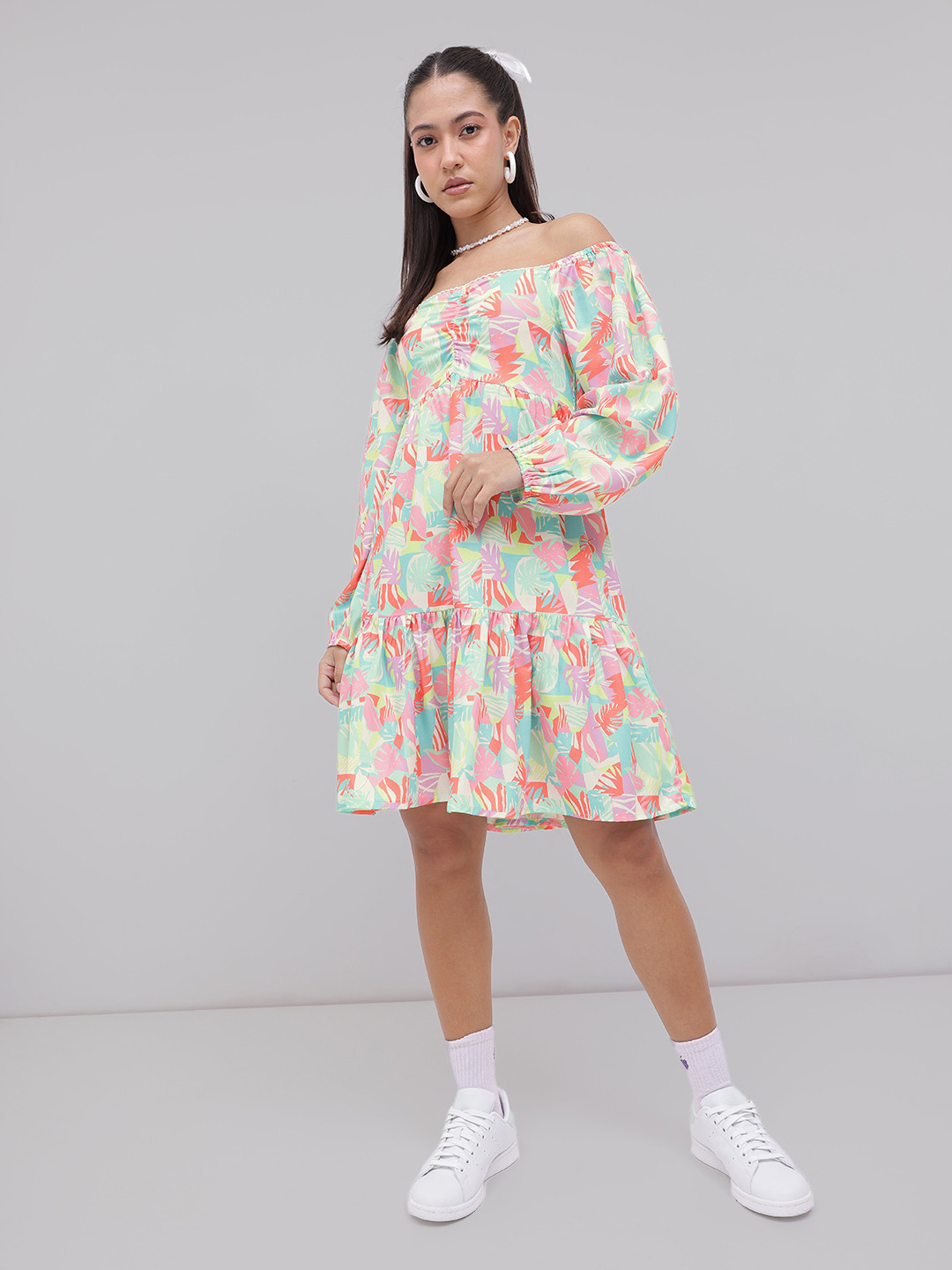 DressBerry Tropical Off-Shoulder Knee Length Dress