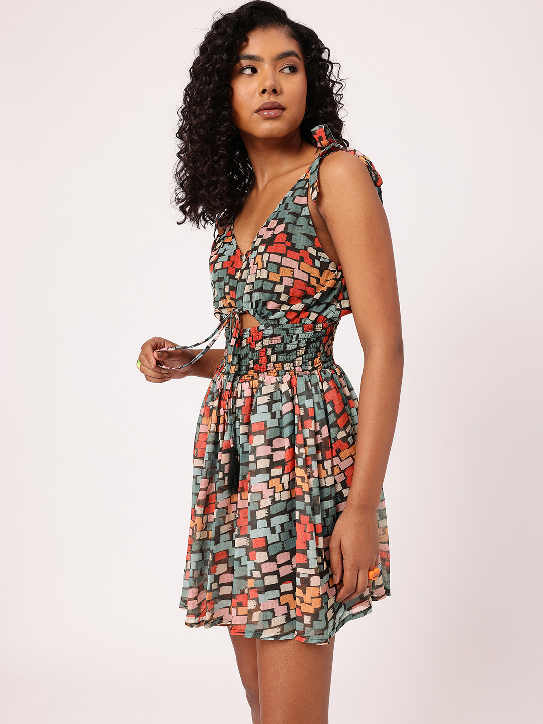 Coachella Cinched Waist Smocked Cut-Outs A-Line Mini Dress