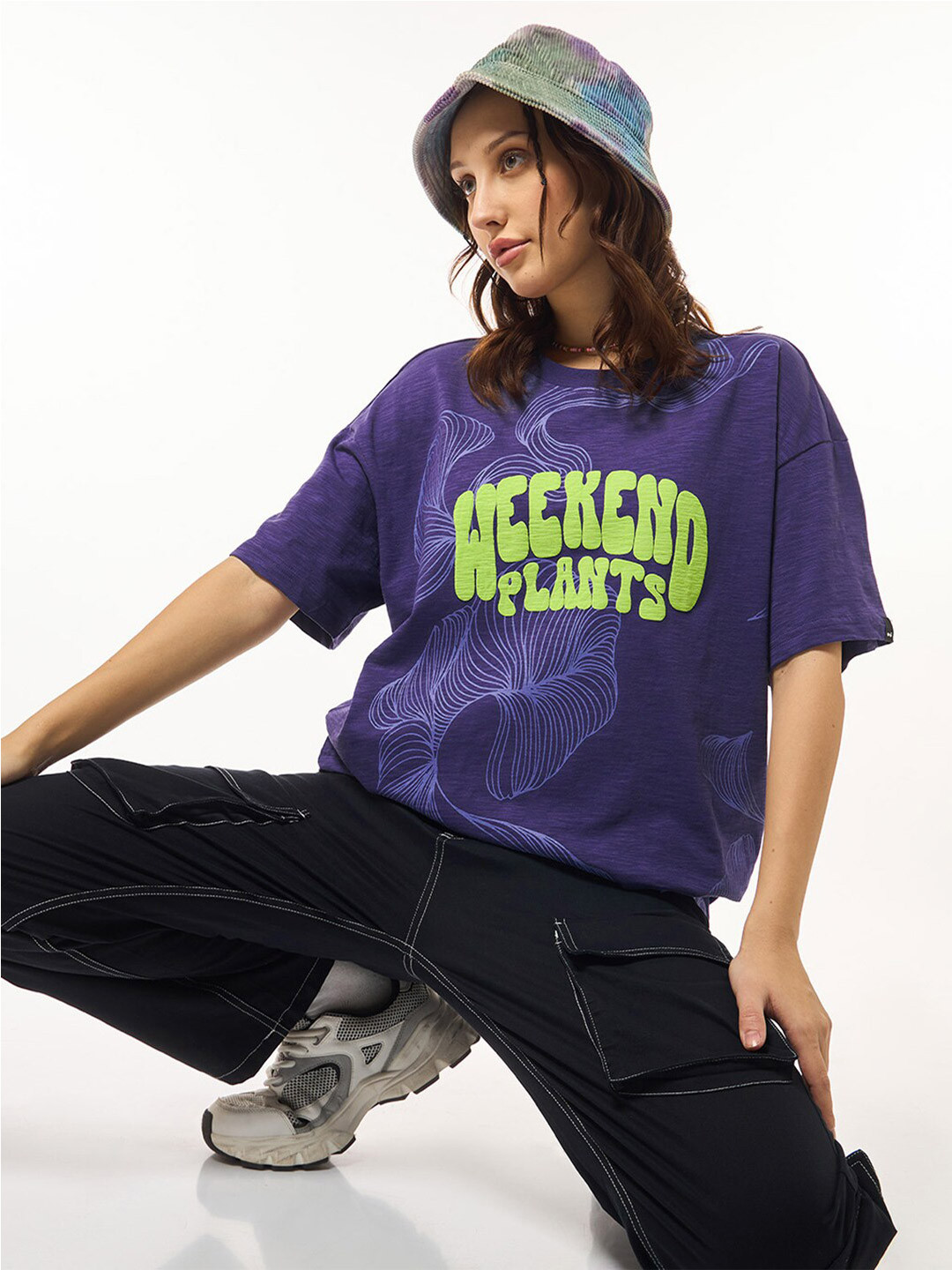 Bewakoof Air 1.0 Women Skipper Blue Weekend Plants Graphic Printed Oversized T-shirt