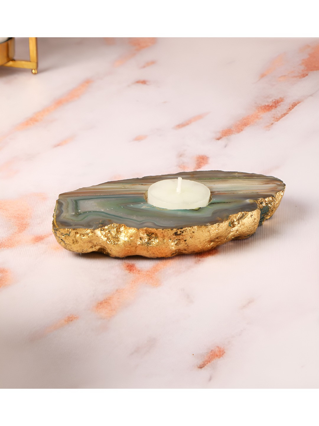 THE HOME CO. Blue & Gold-Toned Printed Candle Holder