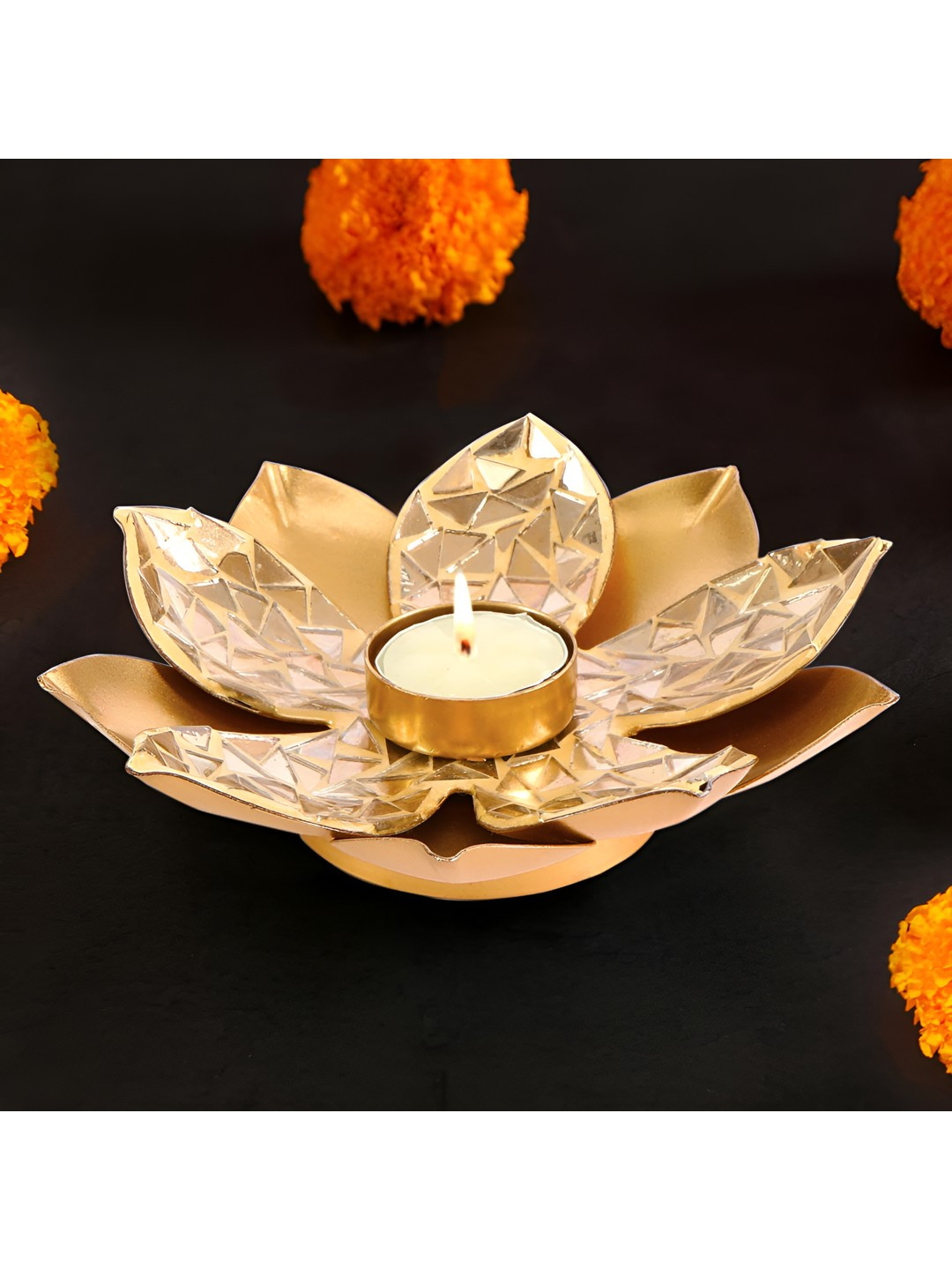 THE HOME CO. Gold-Toned Mosaic Lotus T-Light Candle Holder