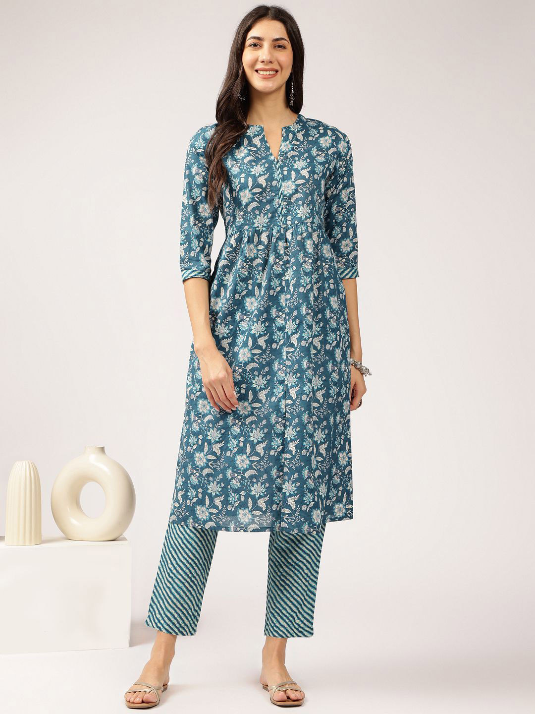Anouk Blue & White Floral Printed Mandarin Collar Pure Cotton Anarkali Kurta with Trousers