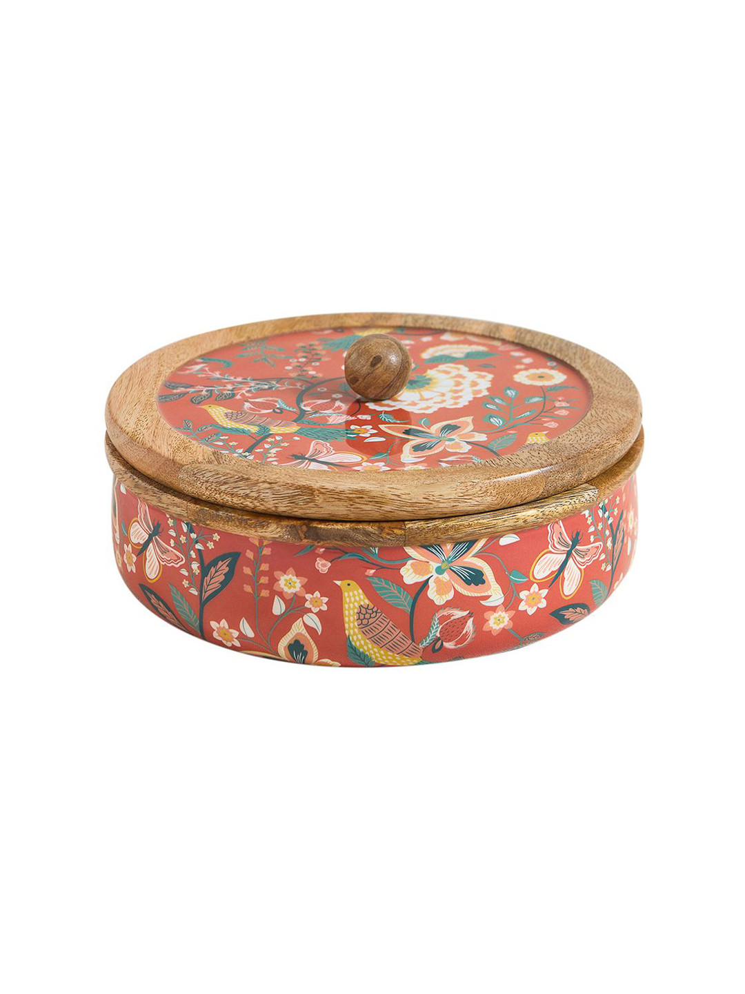 Chumbak Bahaar Brown Floral Wood Dishwasher Safe Screw Top Canister