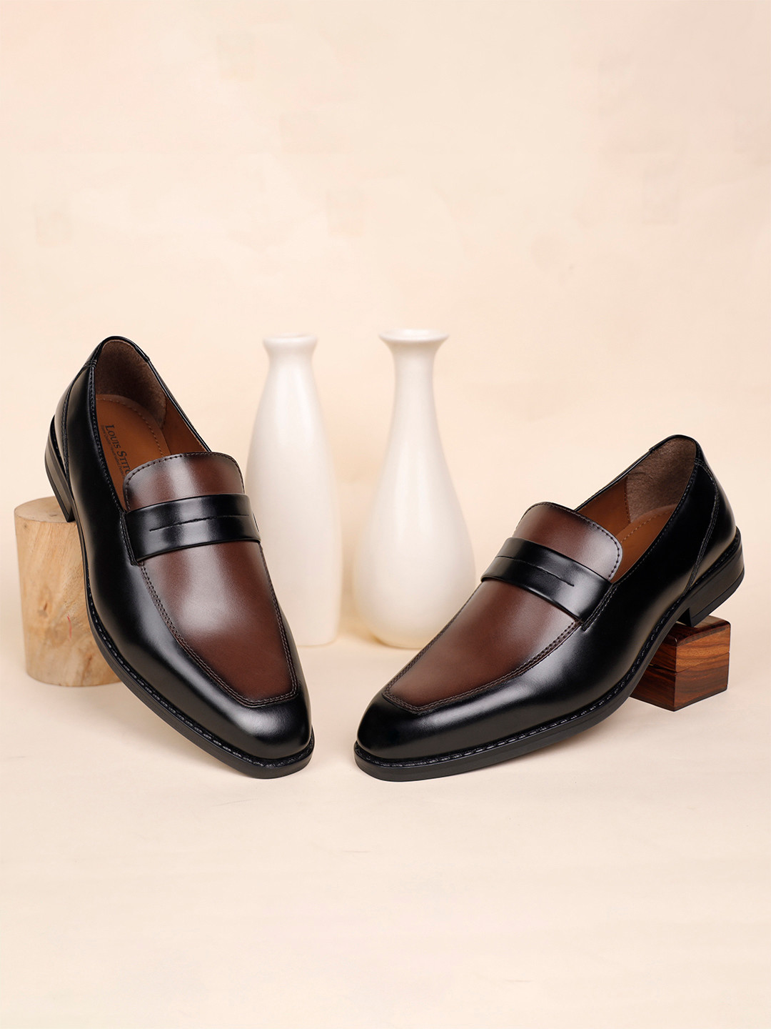 LOUIS STITCH Men Tan and Black Formal Dual Shade Slip-On Moccasin Shoes