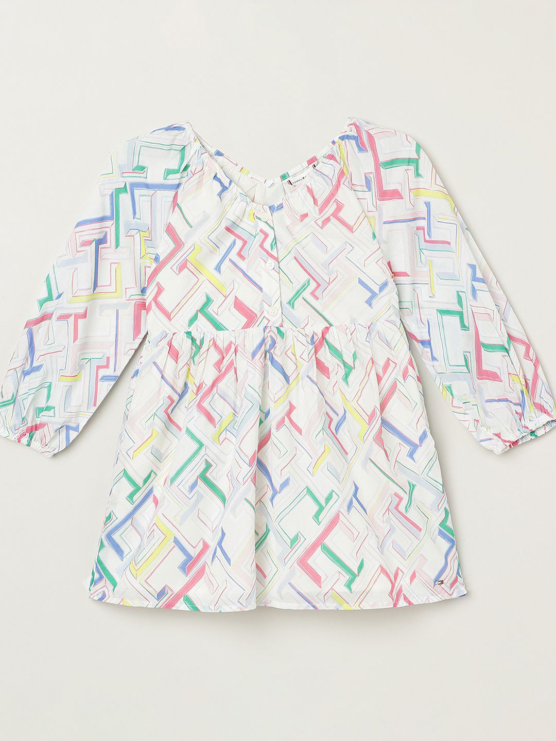 Tommy Hilfiger Girls Geometeric Print Puff Sleeve A-Line Dress