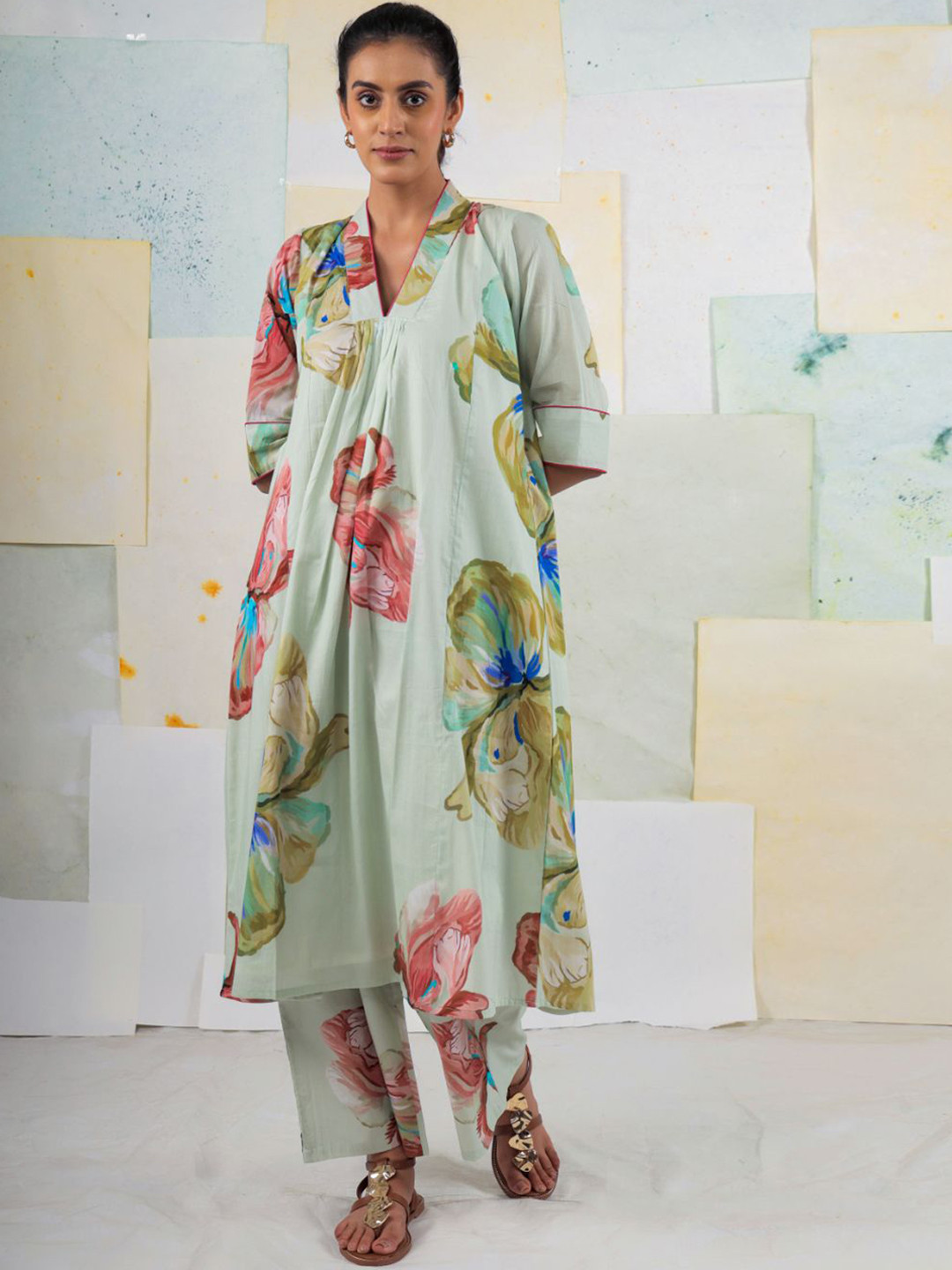 BUTA BUTI Floral Printed V-Neck Pleated Pure Cotton A-Line Kurta With Trousers