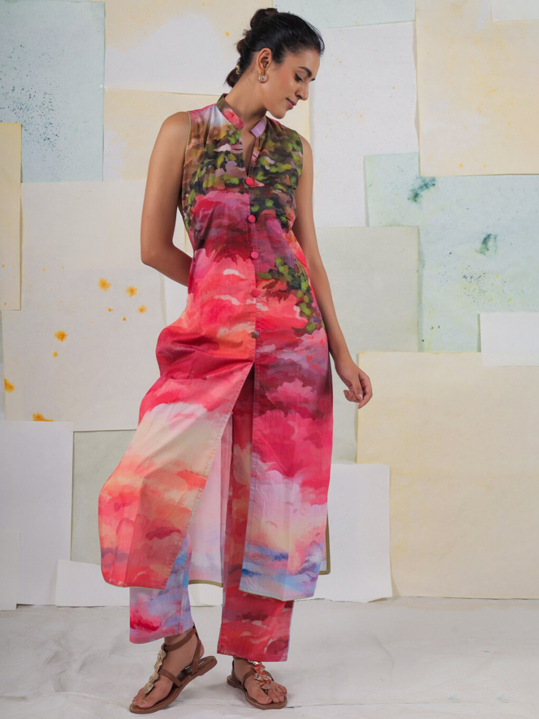 BUTA BUTI Clouds Scape Abstract Printed Mandarin Collar Pure Cotton Tunic With Trousers