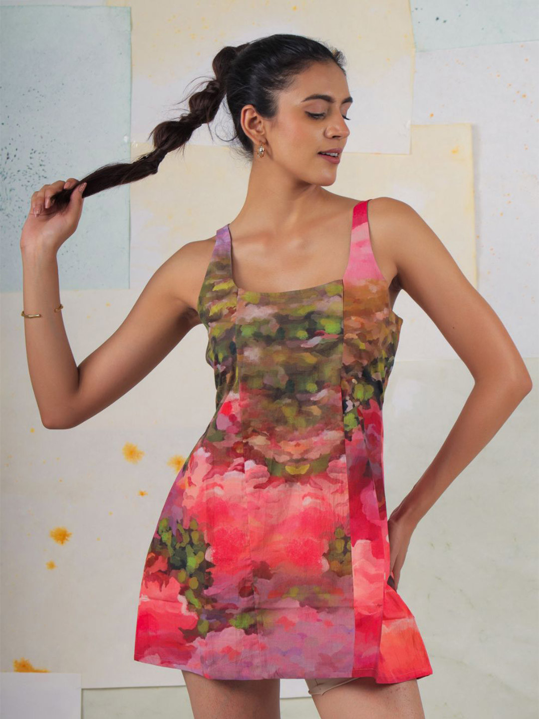BUTA BUTI Abstract Printed Cotton A-Line Mini Dress