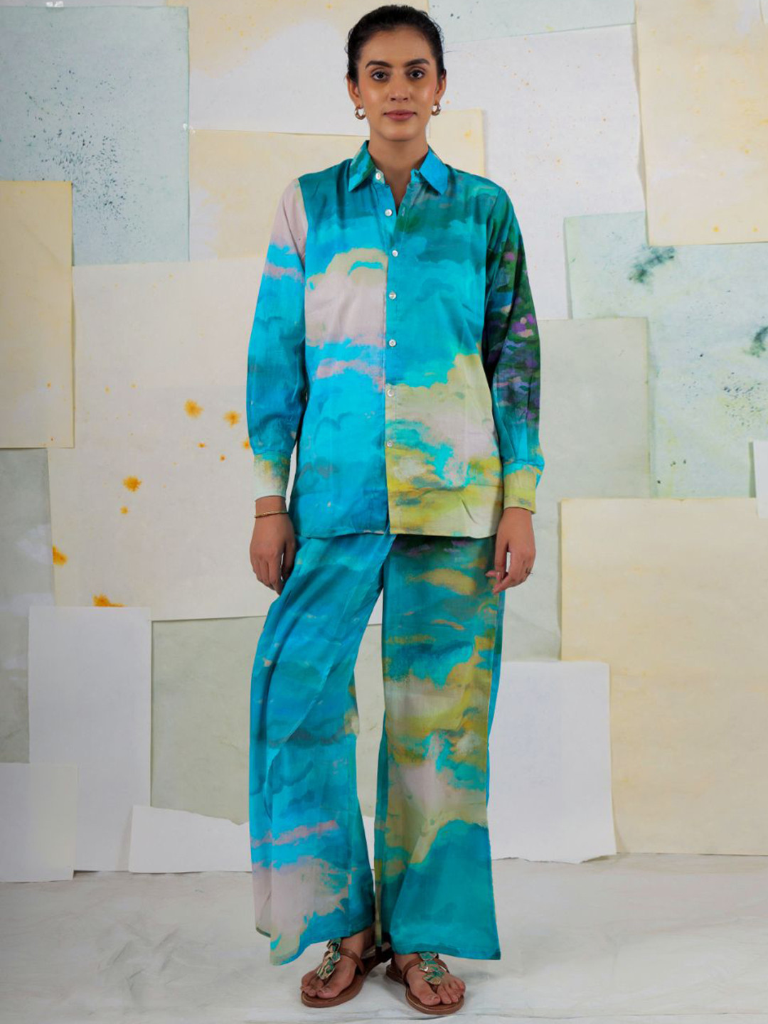 BUTA BUTI Evanthe Abstract Printed Spread Collar Pure Cotton Shirt With Palazzos