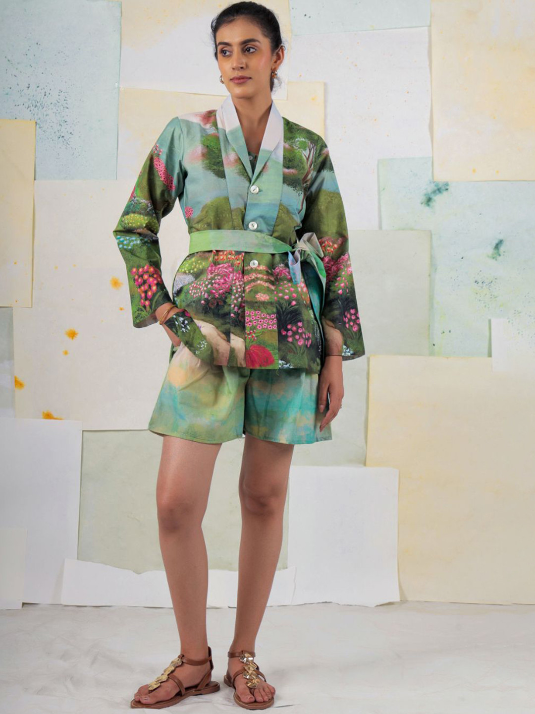 BUTA BUTI Belladonna Tie and Dye Spread Collar Pure Cotton Shirt With Shorts & Blazer