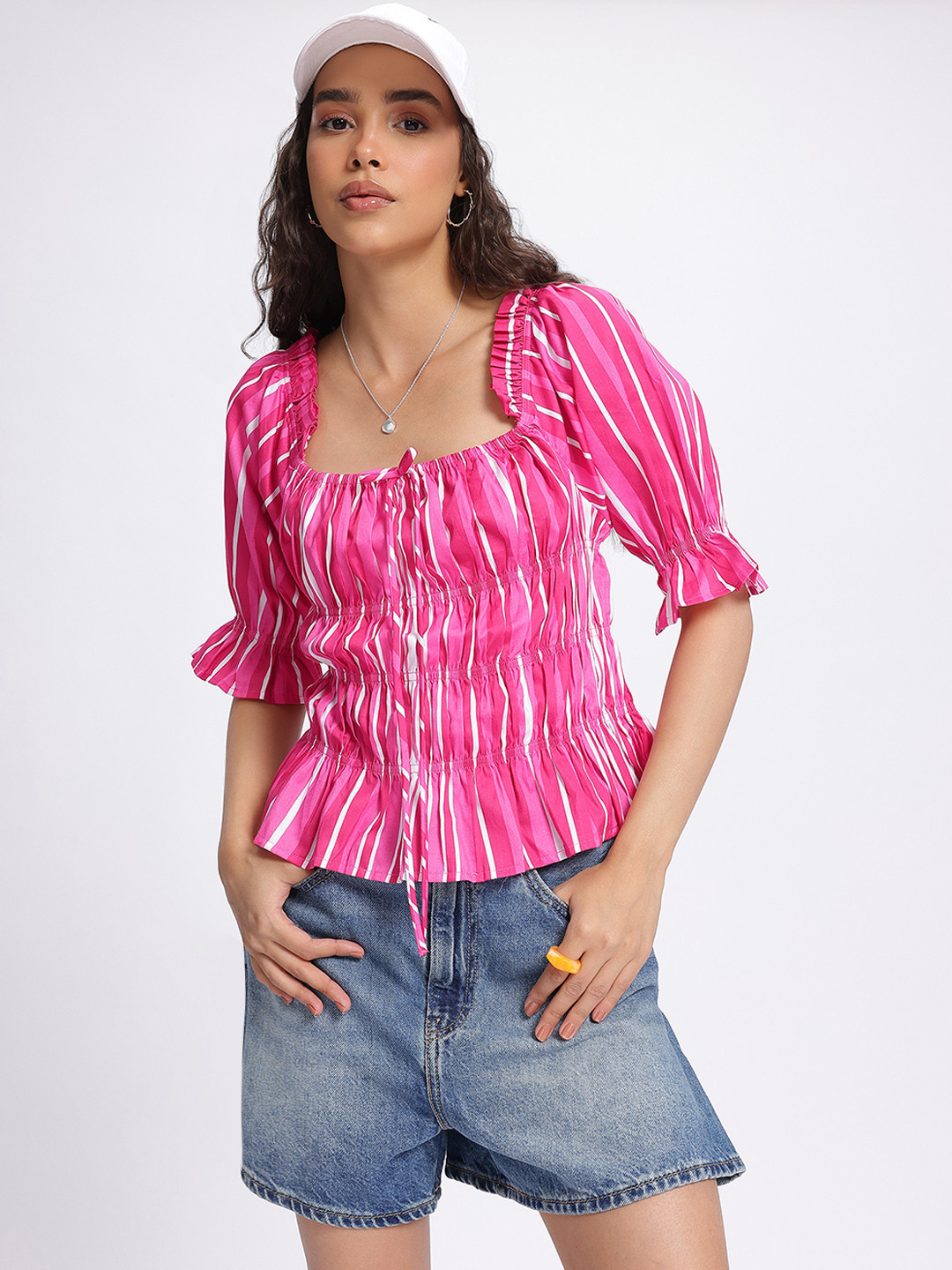 DressBerry Candy Stripes Puff Sleeve Cotton Peplum Top