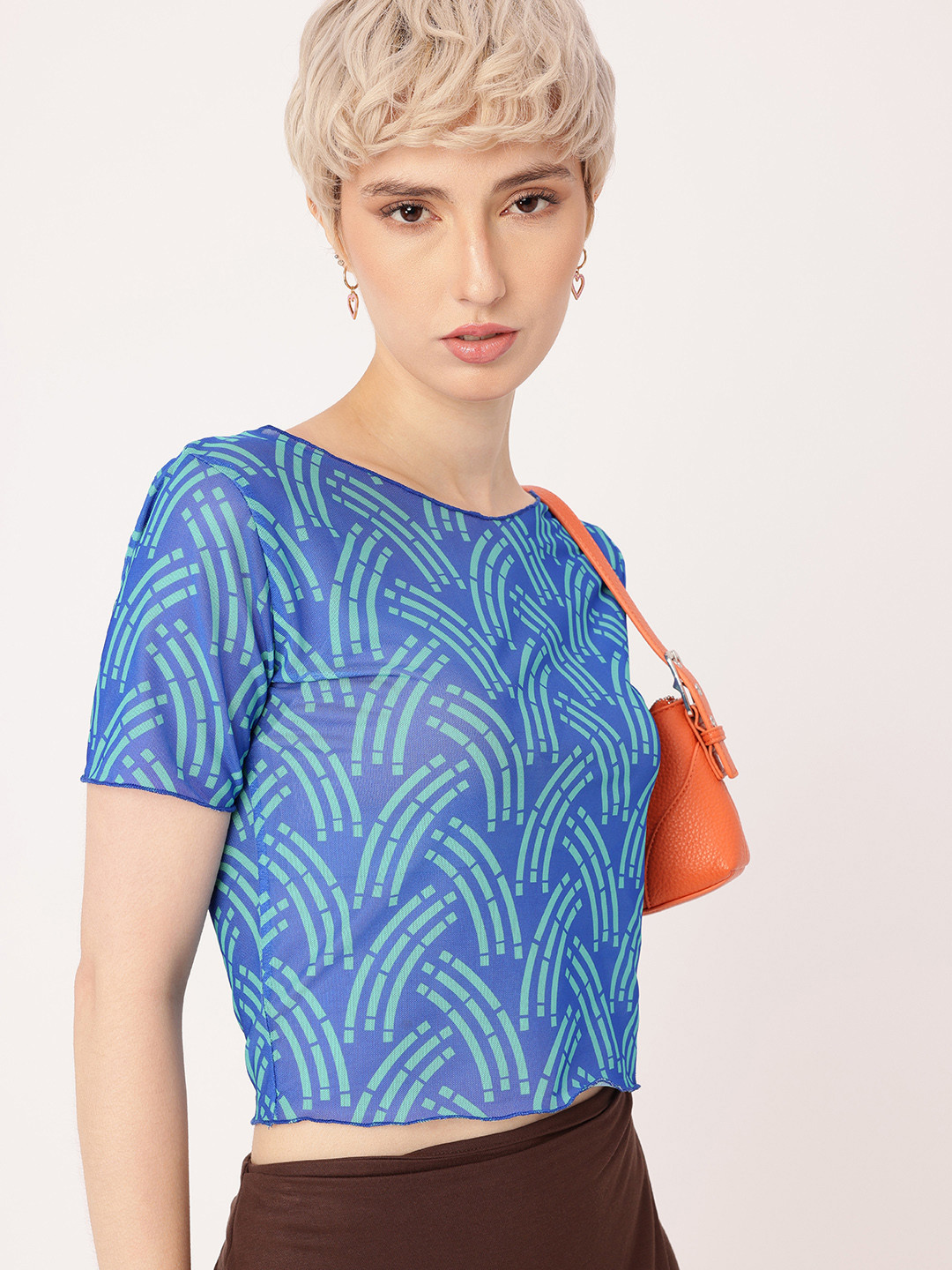 DressBerry Printed Net Semi Sheer Fitted Crop Top