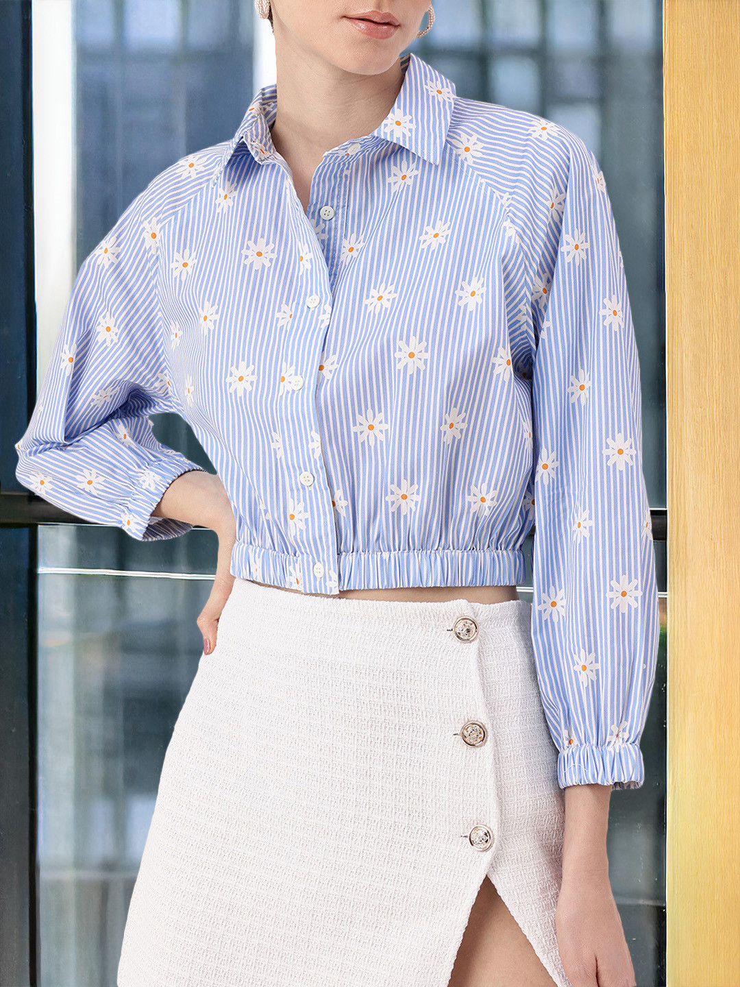 DressBerry Striped Flora Shirt Style Crop Top