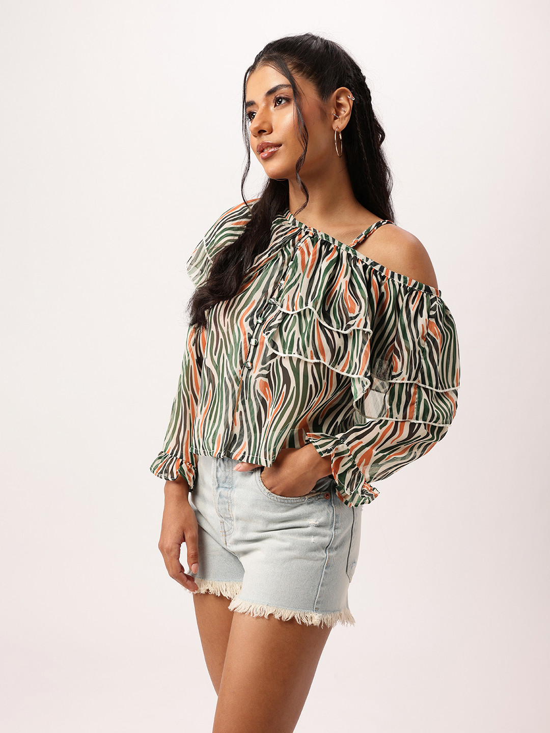 DressBerry Ruffles One Shoulder Semi Sheer Top