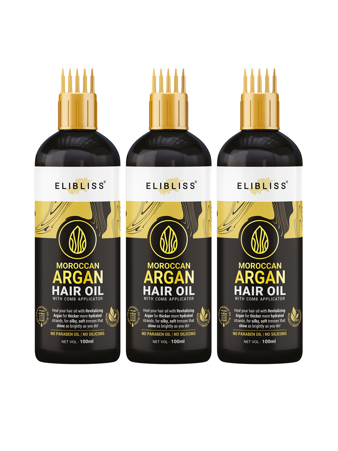 ELIBLISS Set Of 3 Moroccan Argan Hair Oil With Coconut & Castor Oil - 100ml Each