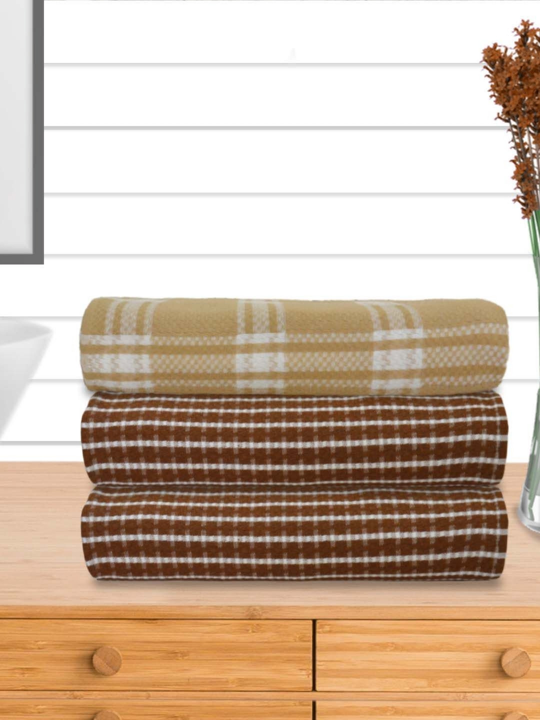 Athom Living Beige & Brown 3Pieces Printed Cotton 210 GSM Bath Towels