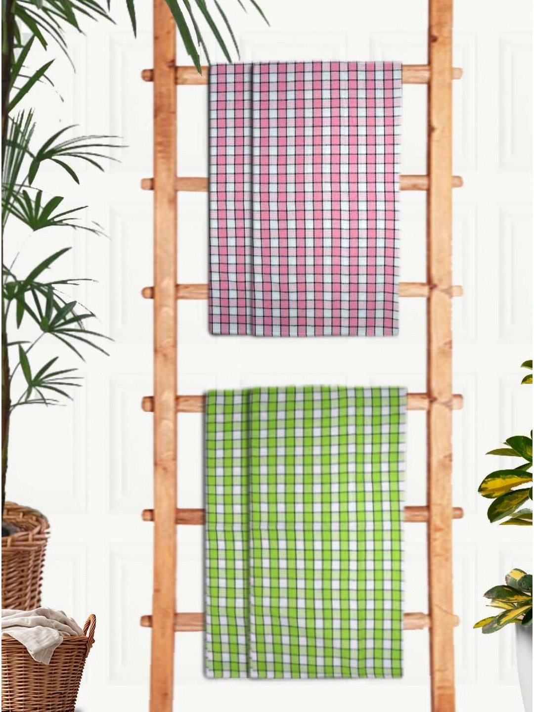Athom Living Pink & Green 4 Printed Cotton 210 GSM Bath Towel