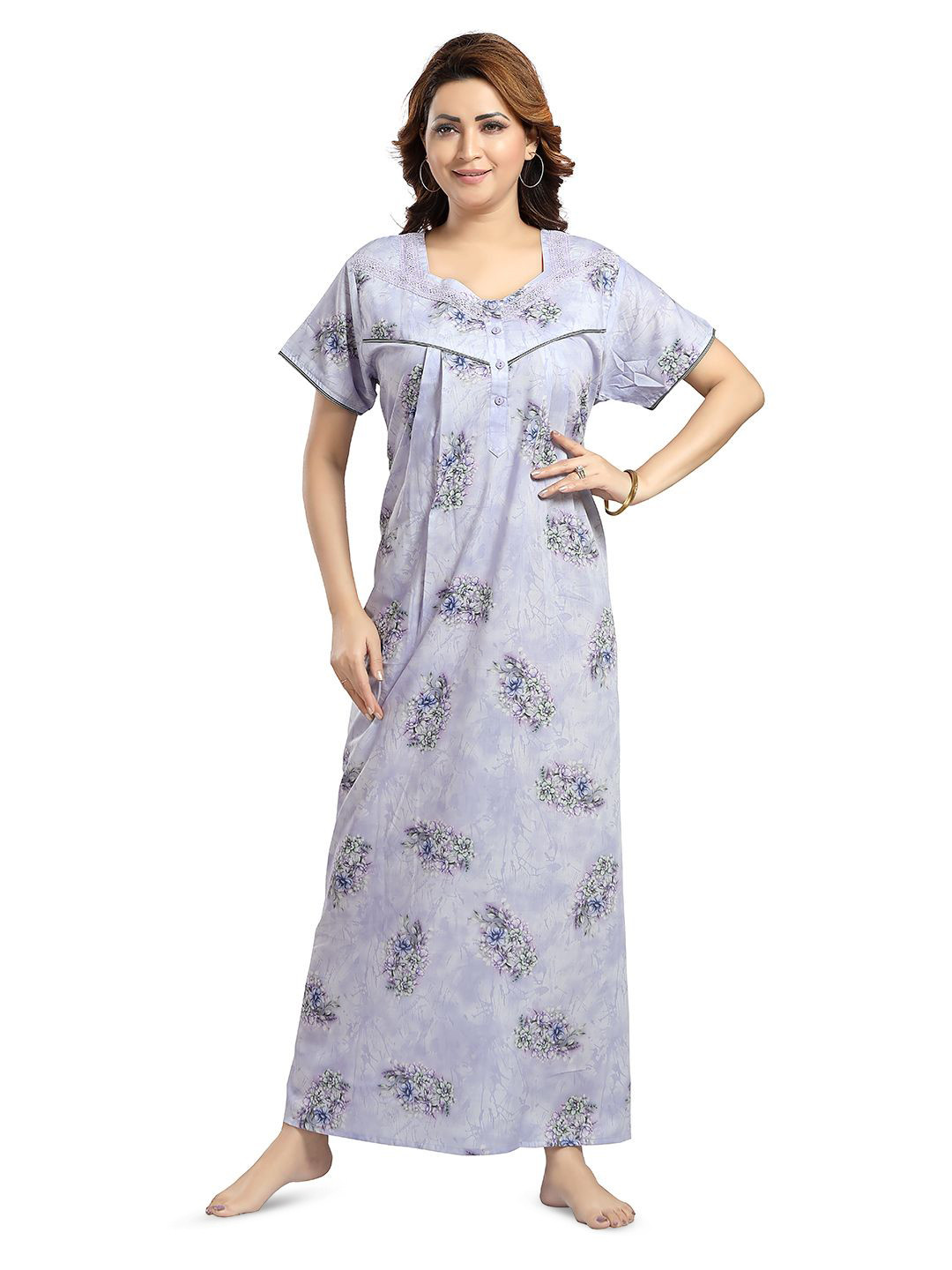 NIGHT QUEEN Square Neck Short Sleeves Printed Maxi Nightdress
