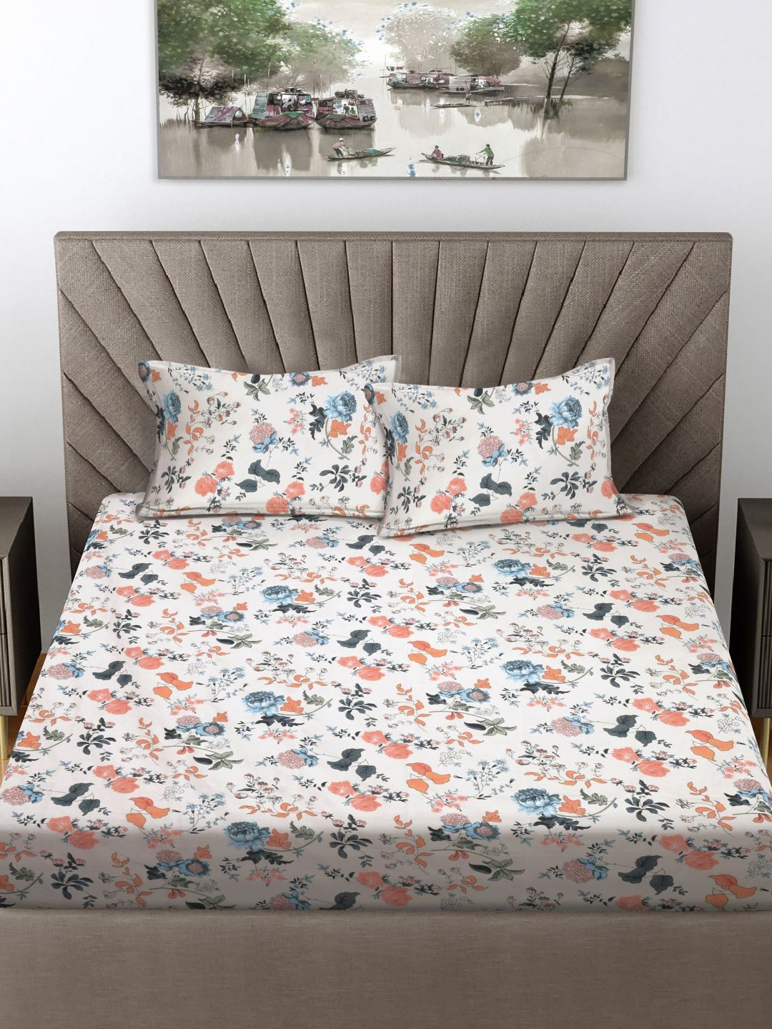 FABINALIV White Floral Polycotton Breathable 300 TC King Fine Bedsheet with 2 Pillow Covers-98 x 89 inches