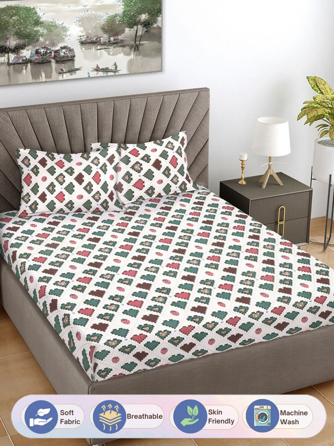 FABINALIV White & Green Cartoon Print 300 TC King Size Bedsheet & 2 Pillow Covers