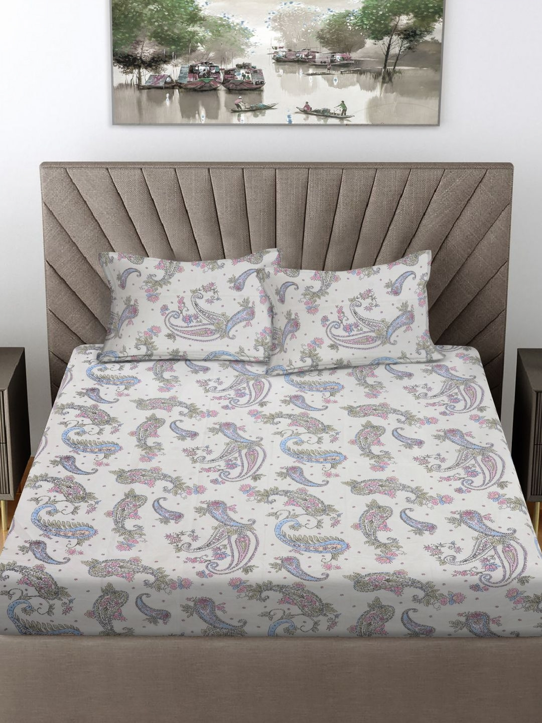 FABINALIV Live Beautiful White Paisley Cotton Breathable 300 TC King Fine Bedsheet with 2 Pillow Covers-98 x 89 inches