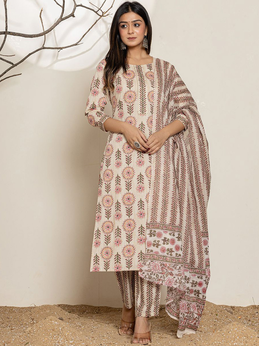 Yufta Round Neck Floral PrintedGotta Patti Pure Cotton Kurta with Trouser & Dupatta