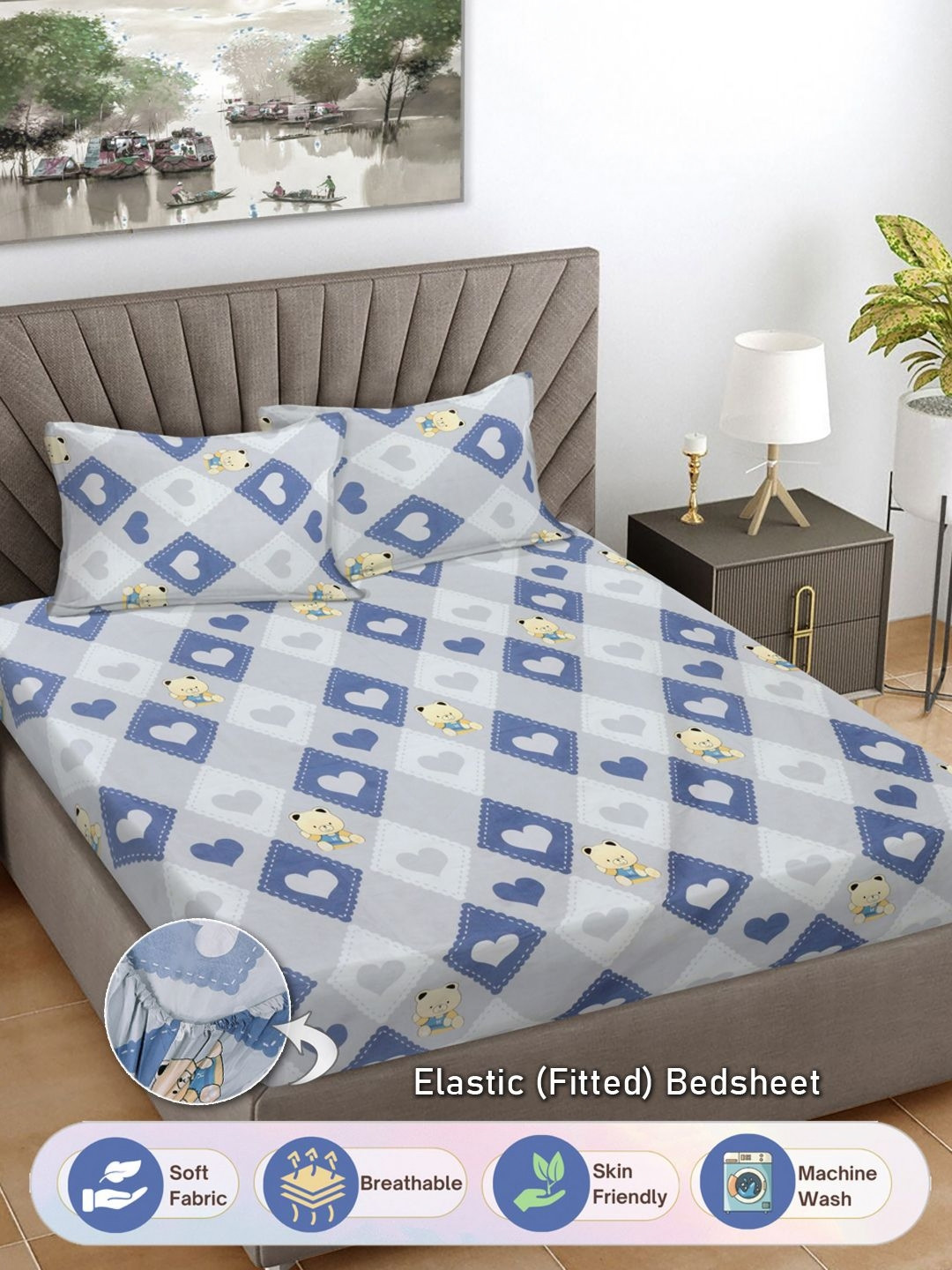 FABINALIV Vedda Blue Conversational Polycotton Breathable 300 TC Fitted King Fine Bedsheet with 2 Pillow Covers-98 x 89 inches
