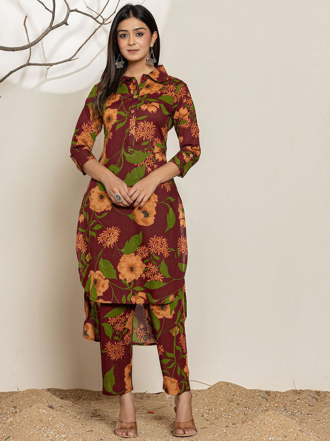 Yufta Printed Pure Cotton Collar Neck Kurta with Palazzos Co-Ords