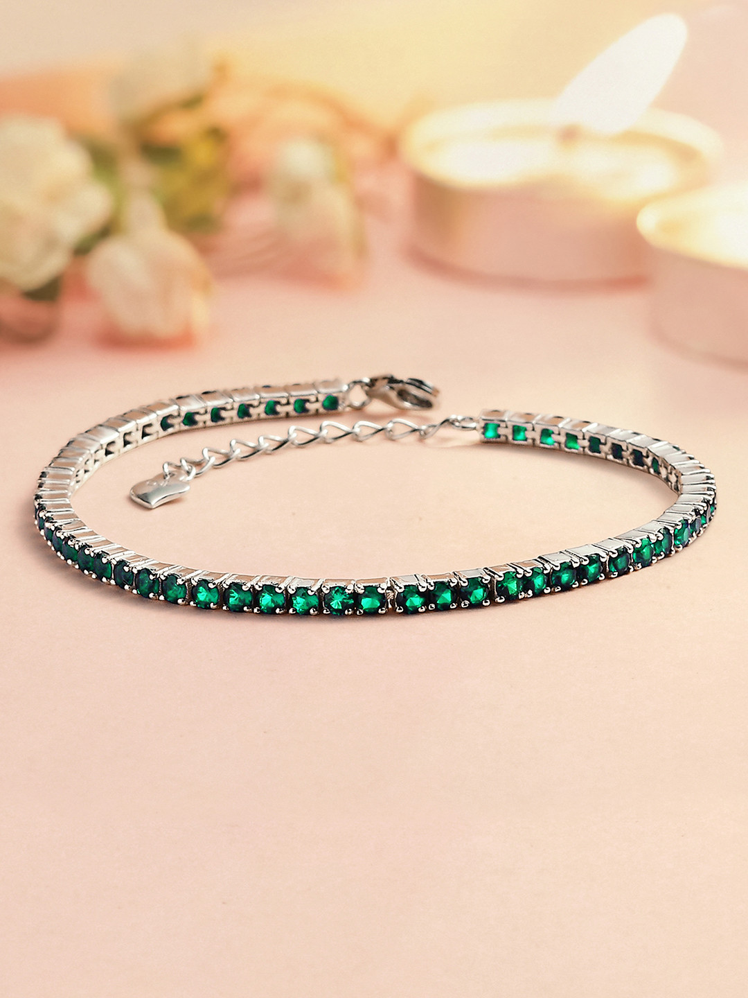 Ornate Jewels Rhodium-Plated 925 Silver Single Line Emerald Tennis Bracelet