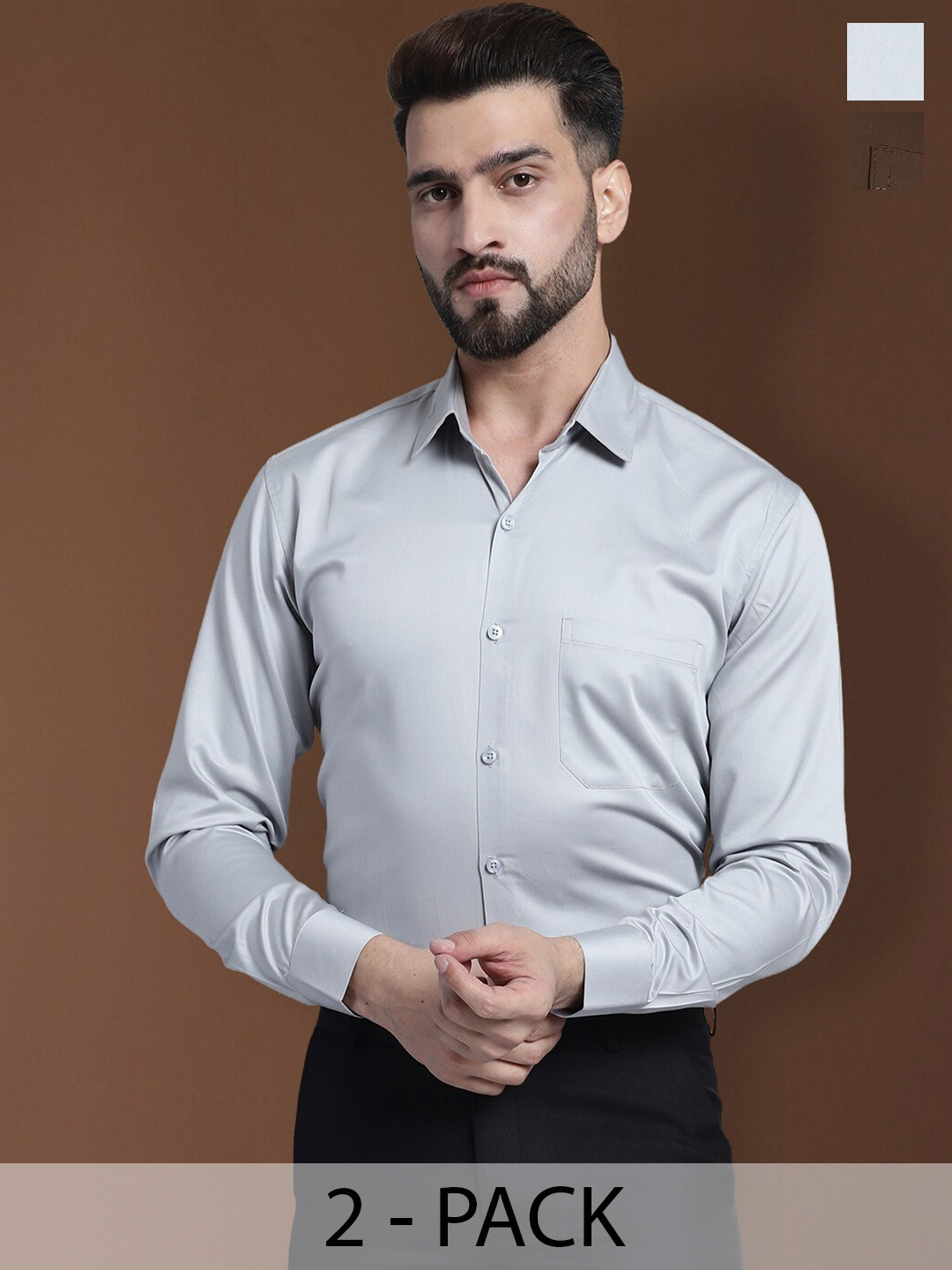 Indian Needle Pack Of 2 Classic Spread Collar Cotton Satin Formal Shirts