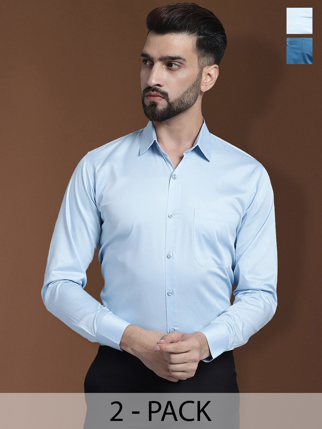 Indian Needle Pack Of 2 Classic Spread Collar Cotton Satin Formal Shirts