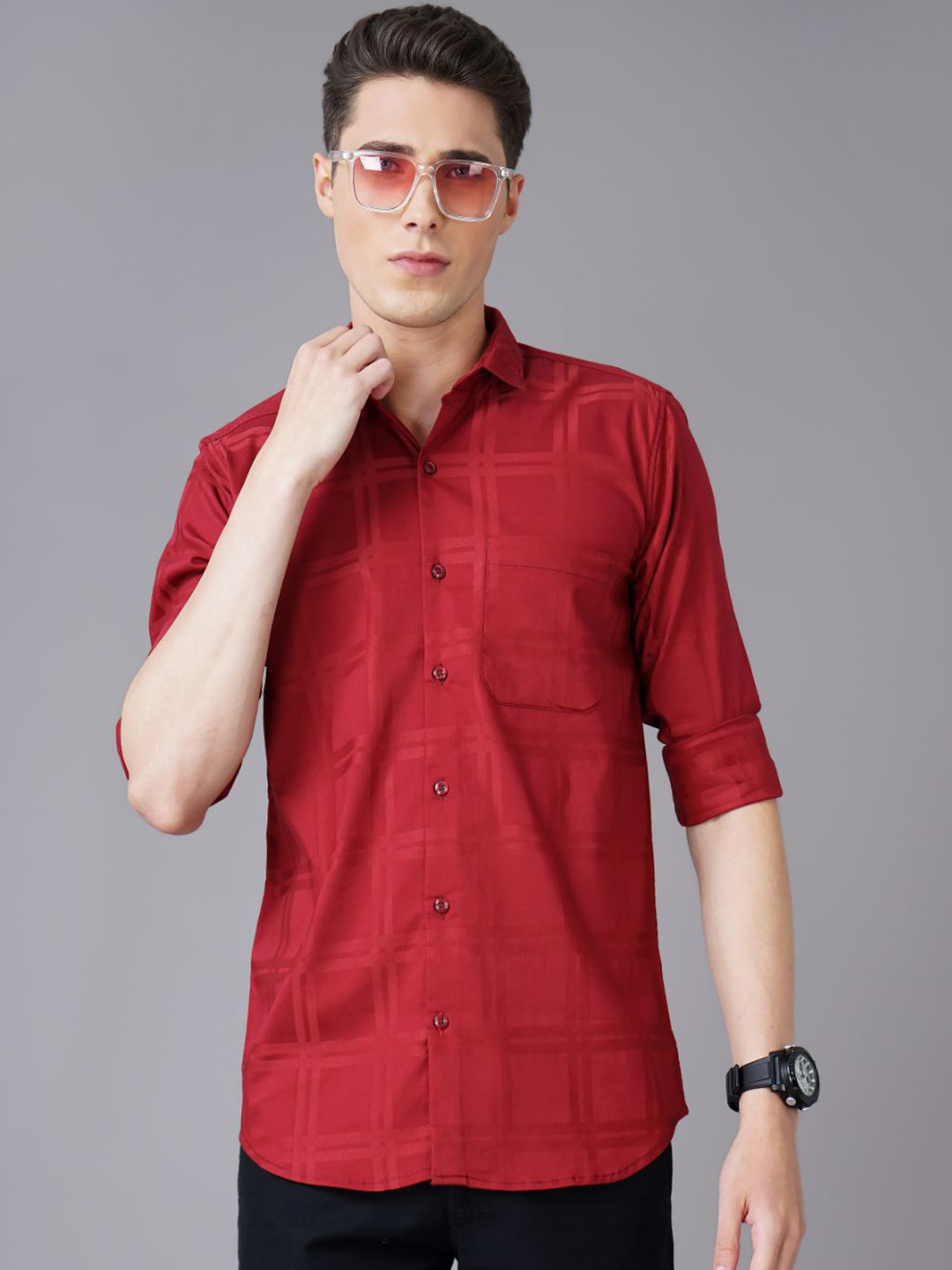 PAUL STREET Men Tartan Checks Spread Collar Cherry Red Standard Casual Shirt