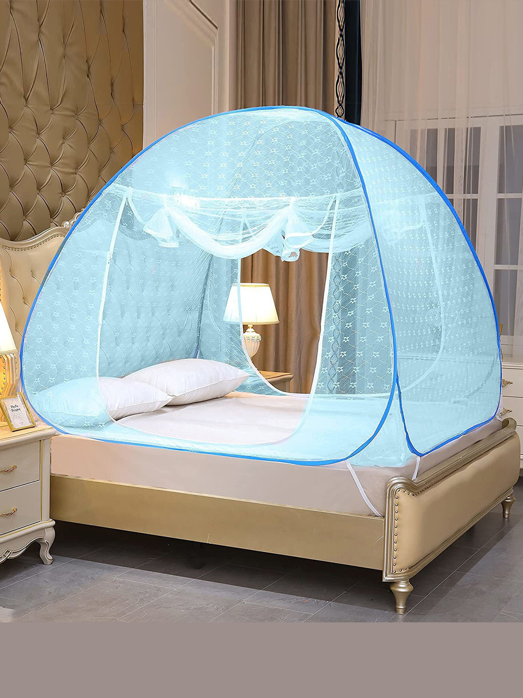 Classic Mosquito Net Blue Floral Embroidered Queen Size Tent Mosquito Net