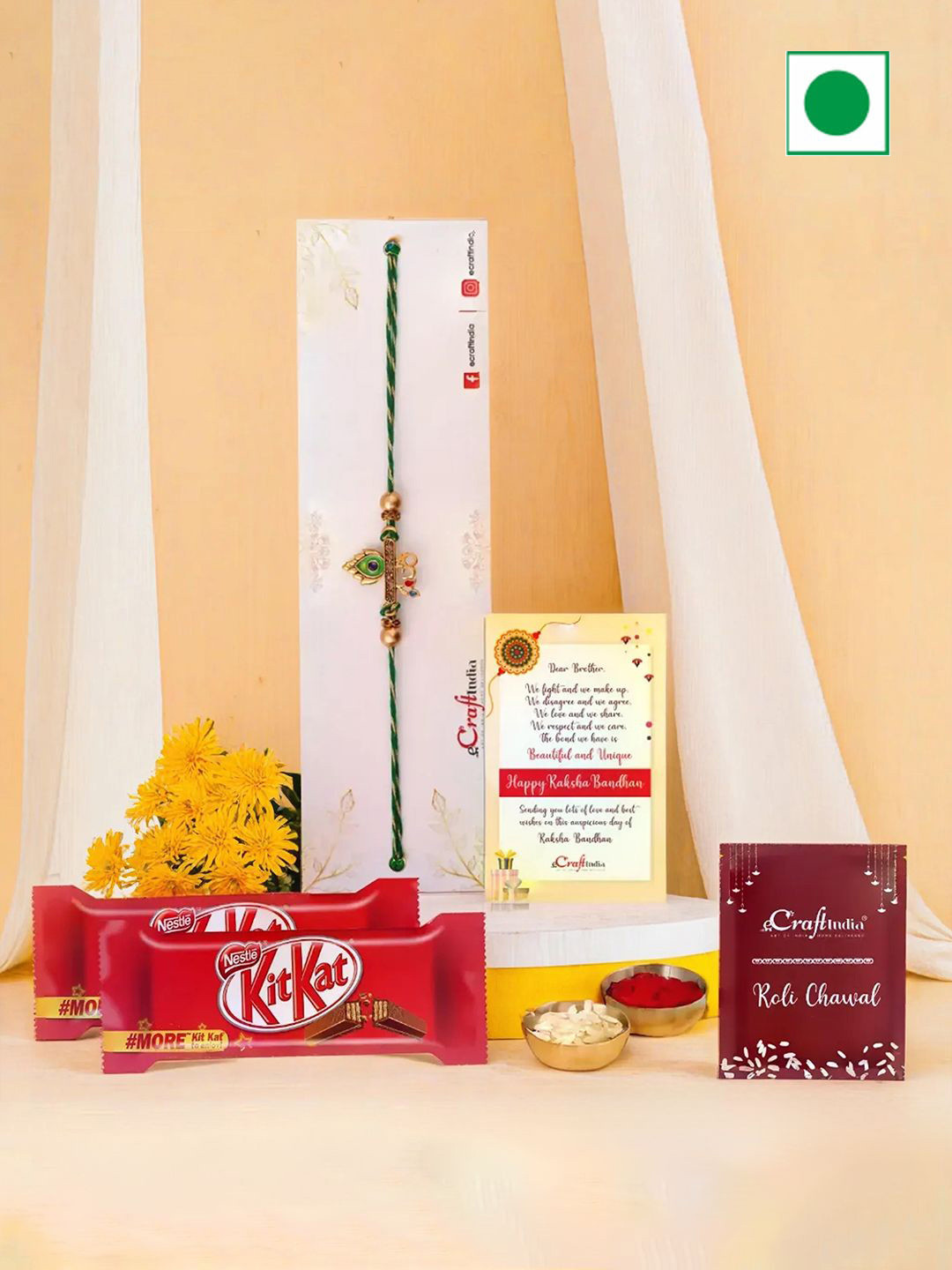 eCraftIndia Om Peacock Rakhi With Kitkat Chocolates & Greeting Card With Roli Chawal