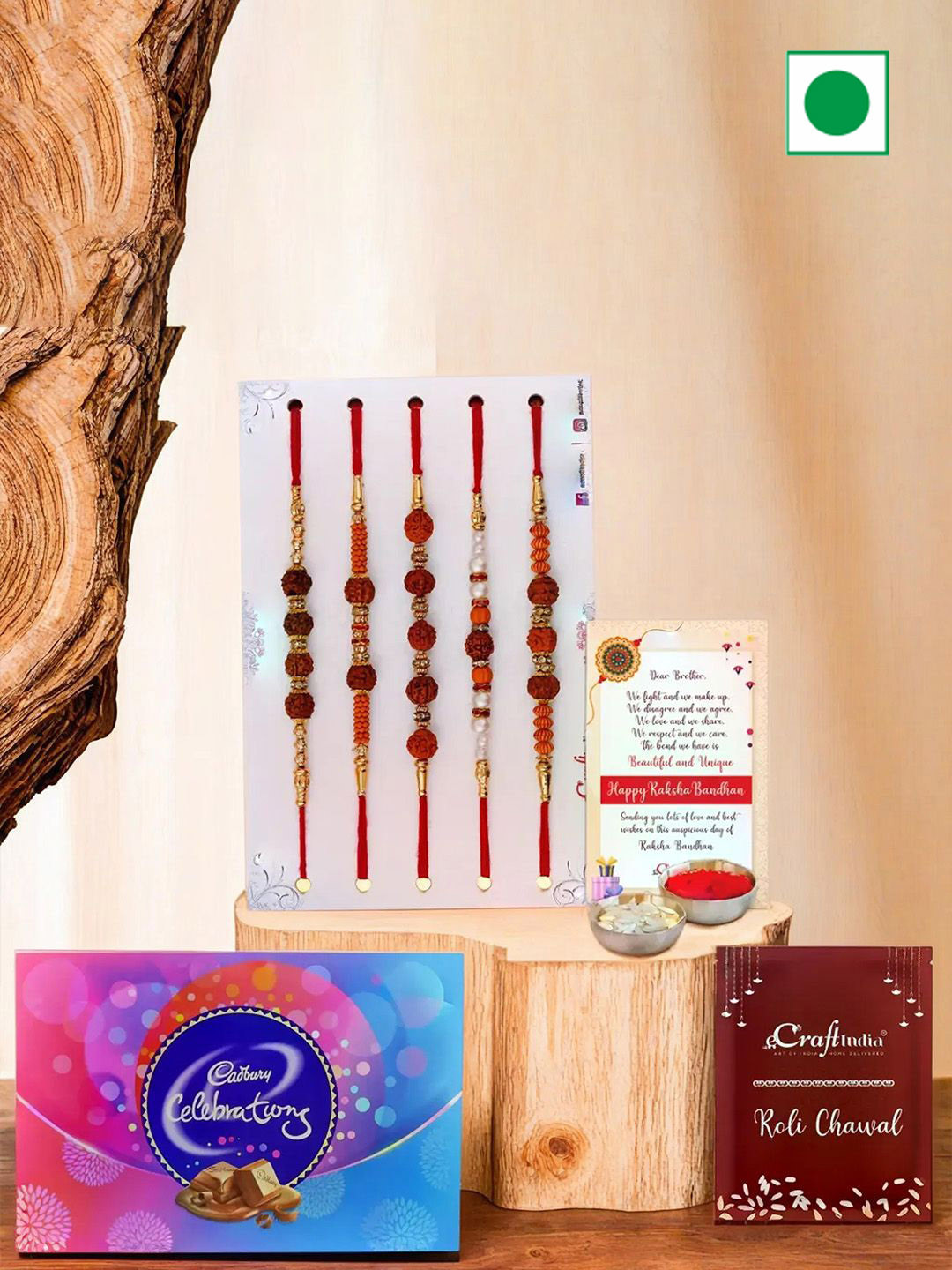 eCraftIndia Set of 5 Rudraksha Rakhis With Cadbury Celebration Chocolate Gift Set