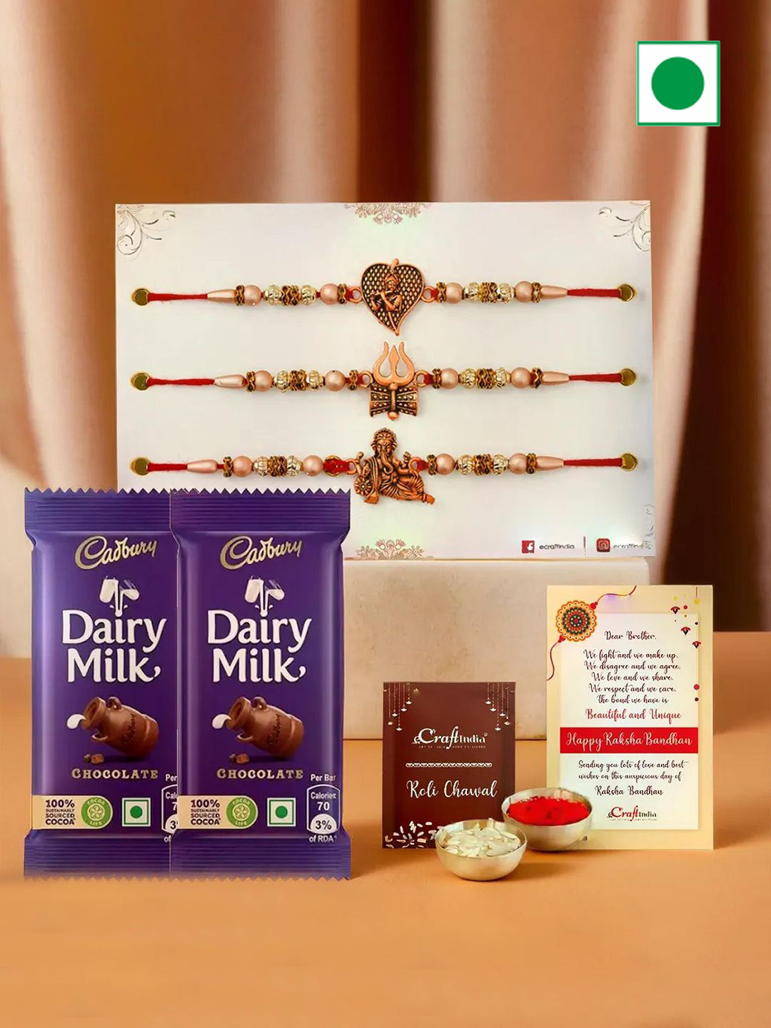 eCraftIndia Set of 3 Rakhi With Cadbury Choclates & Greeting Card with Roli Chawal