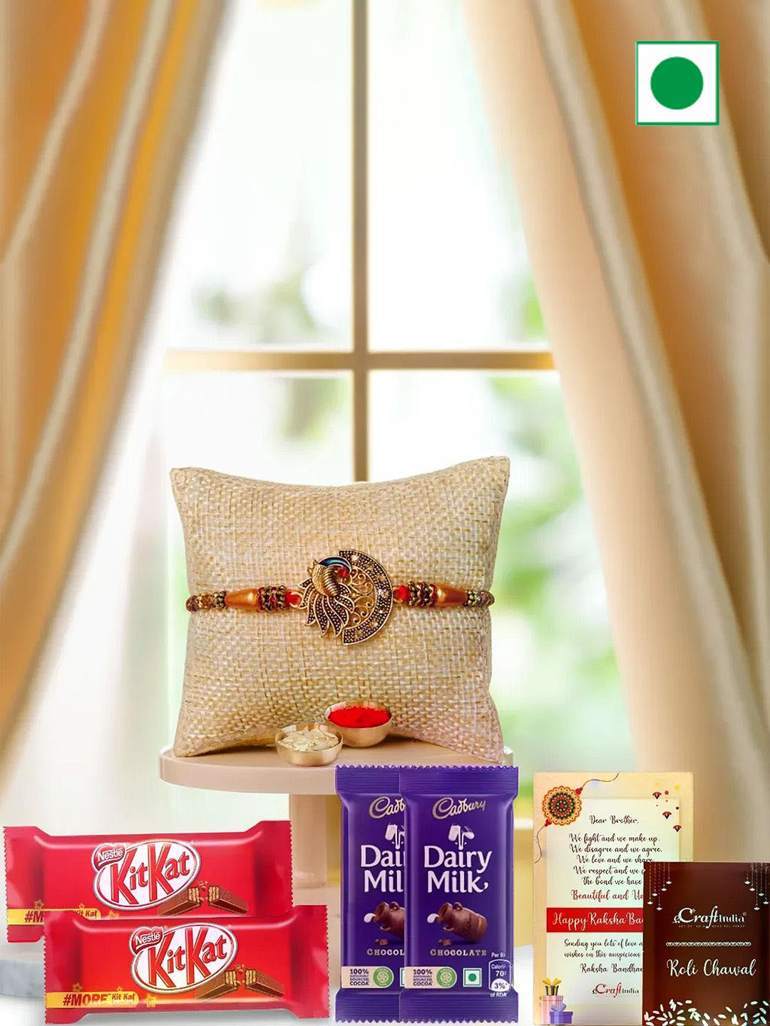 eCraftIndia Designer Peacock Rakhi With Cadbury With Kit Kat
