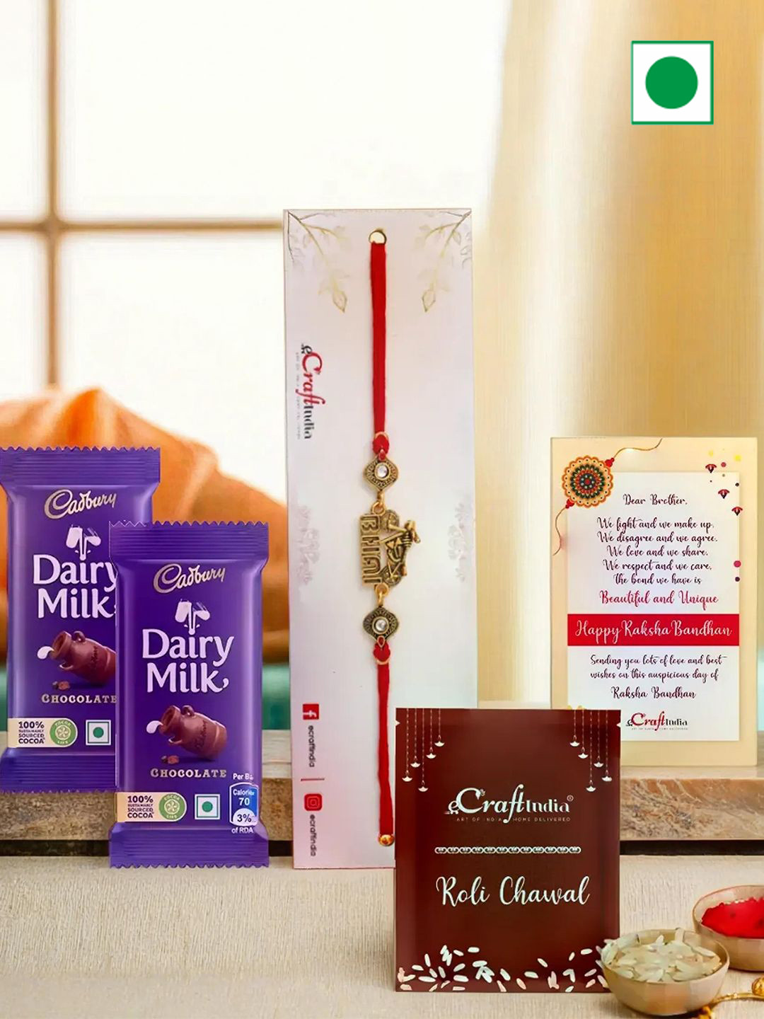eCraftIndia Set Of 5 Designer Rakhi With Chocolates & Greeting Card With Roli Chawal