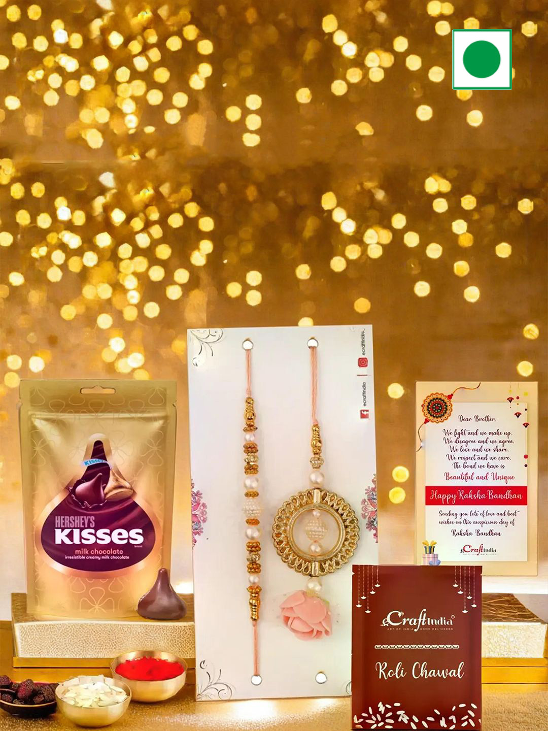 eCraftIndia Set Of 2 Rakhi With Milk Chocolate & Greeting Card With Roli Chawal