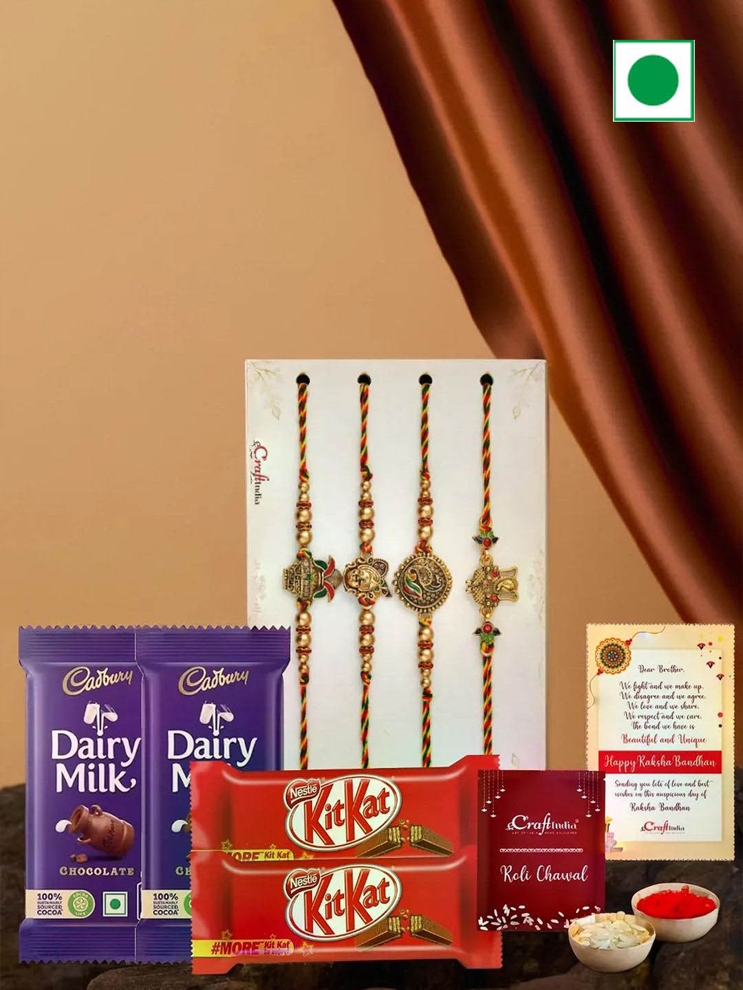 eCraftIndia Set Of 4 Designer Rakhi With Chocolates & Greeting Card With Roli Chawal