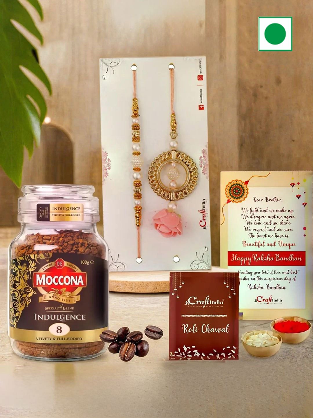 eCraftIndia Set Of 2 Rakhis With Moccona Coffee & Greeting Card With Roli Chawal