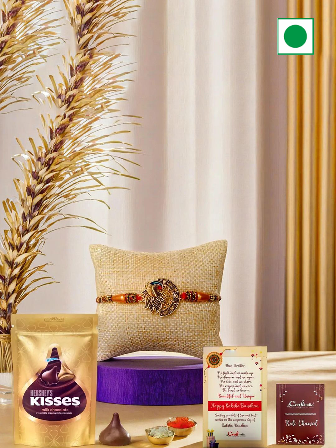 eCraftIndia Beaded Peacock Design Rakhi With Chocolates & Greeting Card With Roli Chawal