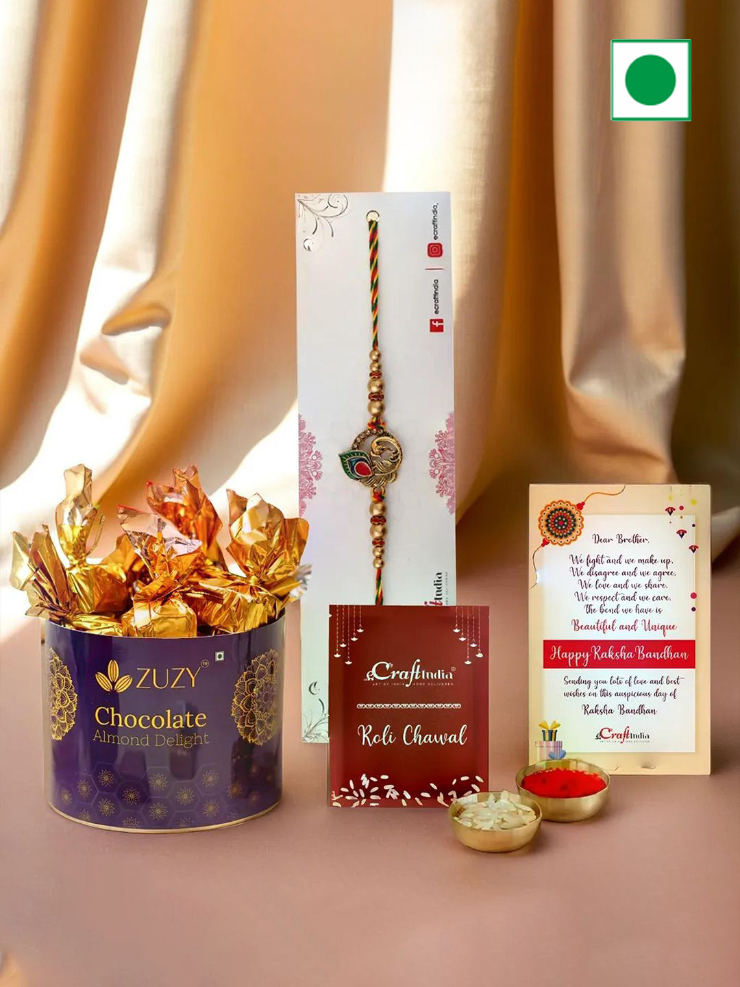 eCraftIndia Peacock Design Rakhi with Chocolates & Greeting Card with Roli Chawal