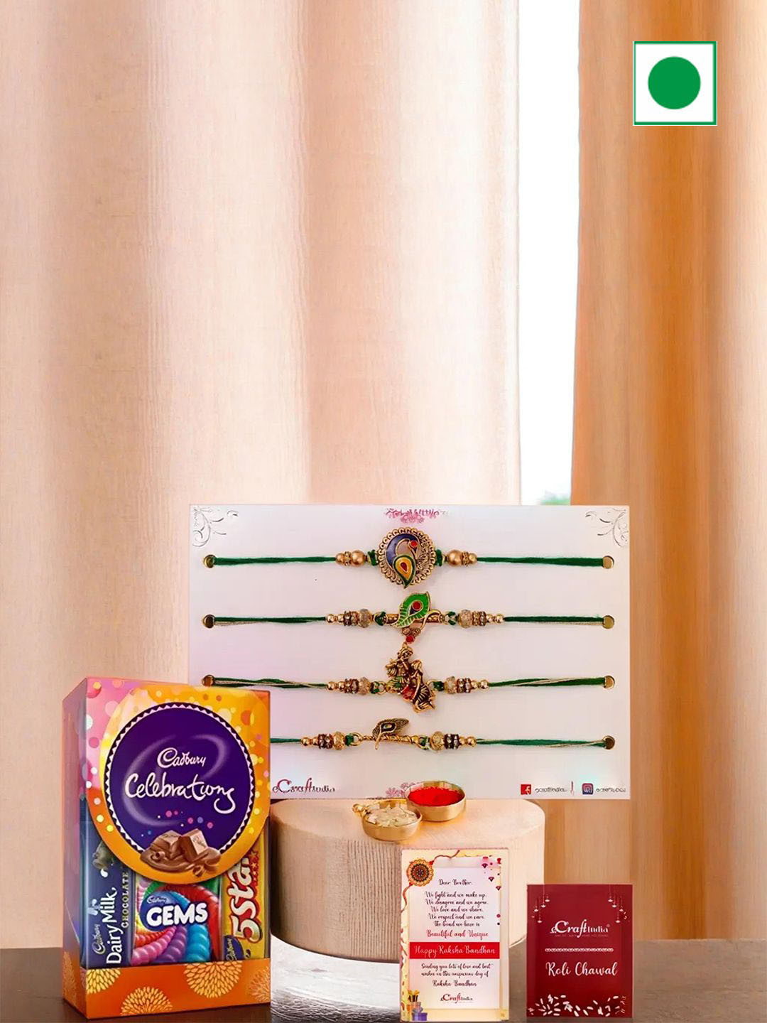 eCraftIndia Beaded Rakhis With Cadbury Celebration Chocolates & Rholi Chawal