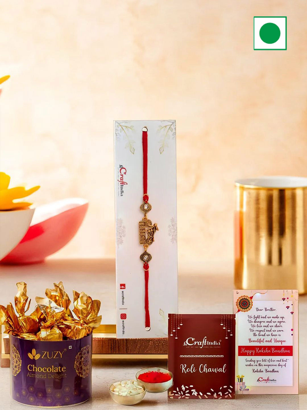 eCraftIndia Beaded Bike Bhai Design Rakhi with Chocolate & Greeting Card with Roli Chawal
