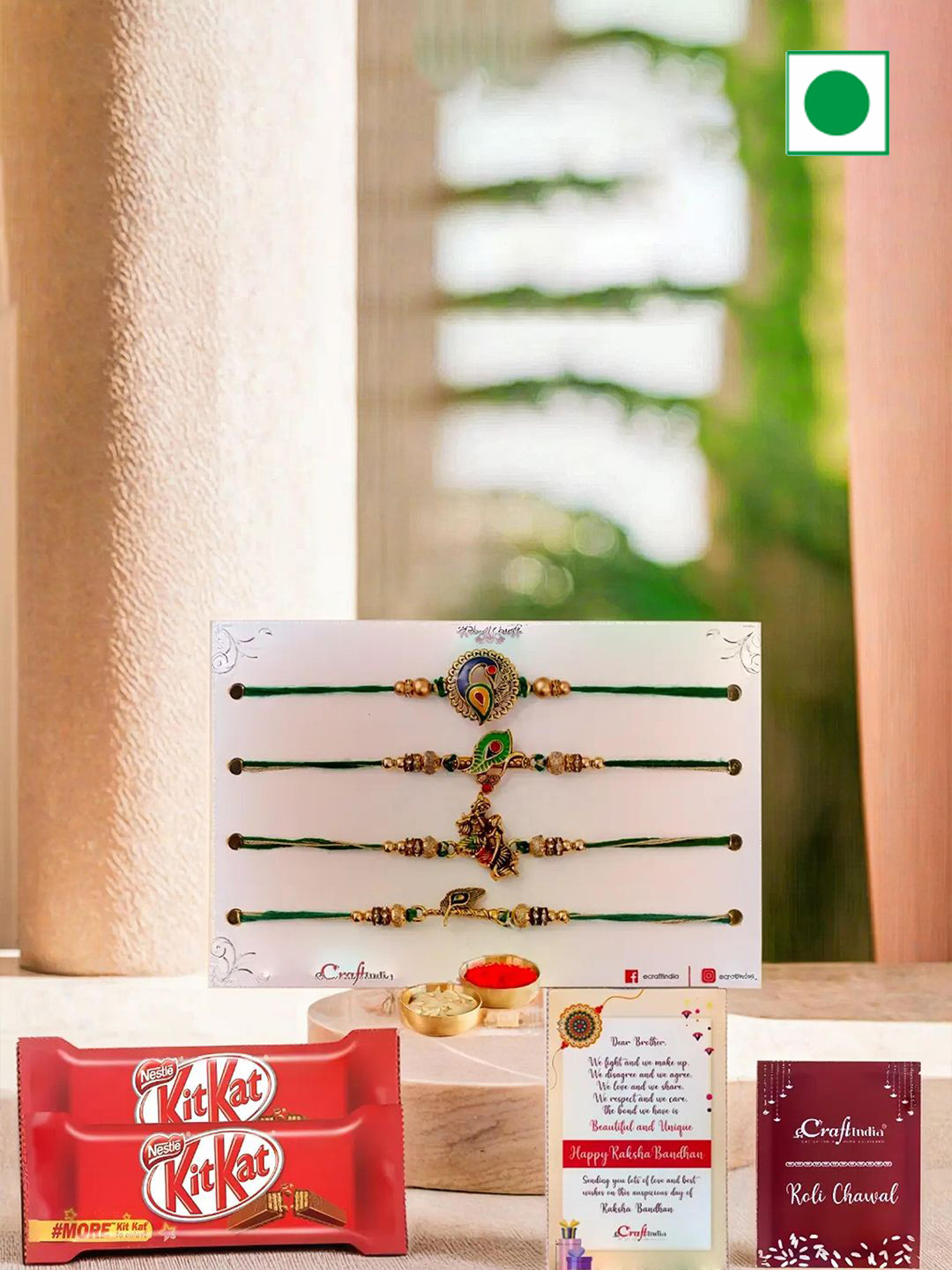 eCraftIndia Set of 4 Rakhis With Kitkat Chocolate & Greeting Card with Roli Chawal