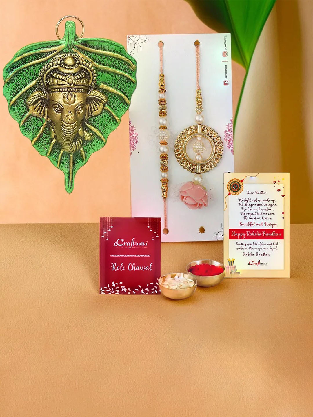 eCraftIndia Set of 3 Floral Designer Rakhis & Ganesha Wall Hanging