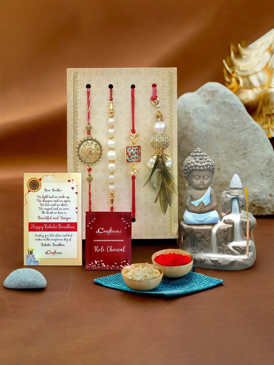 eCraftIndia Set of 4 Floral Lumba Designer Rakhi With Bhabhi Incense Holder