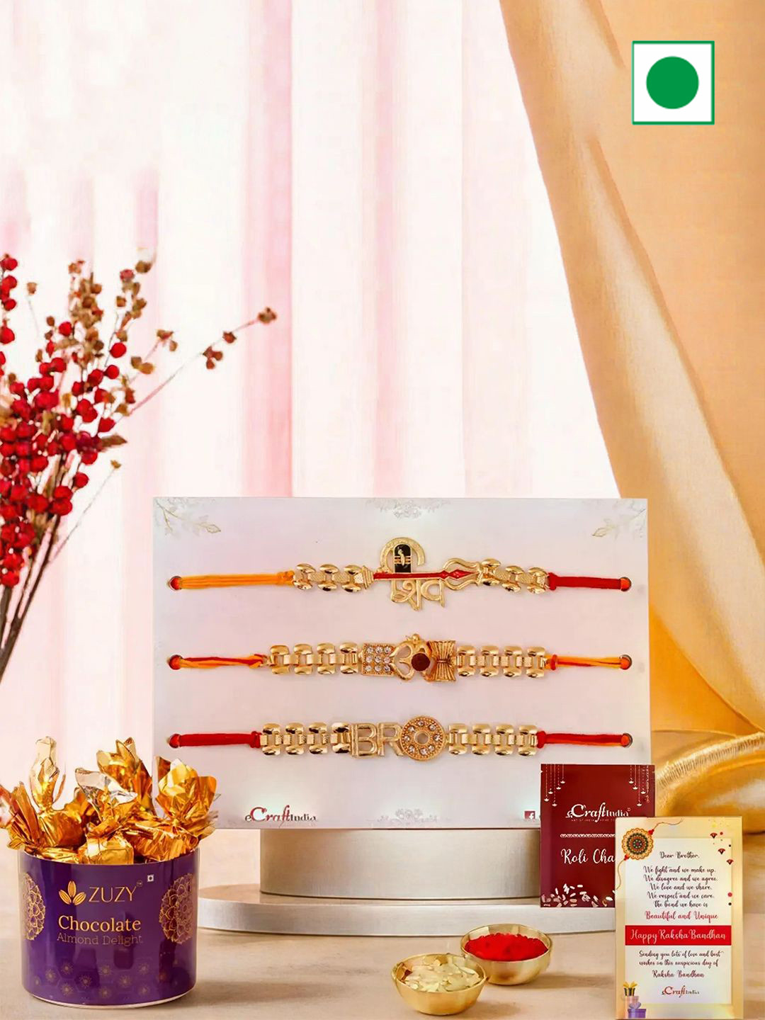 eCraftIndia Set Of 6 Rakhi With Chocolate Box & Card With Roli Chawal