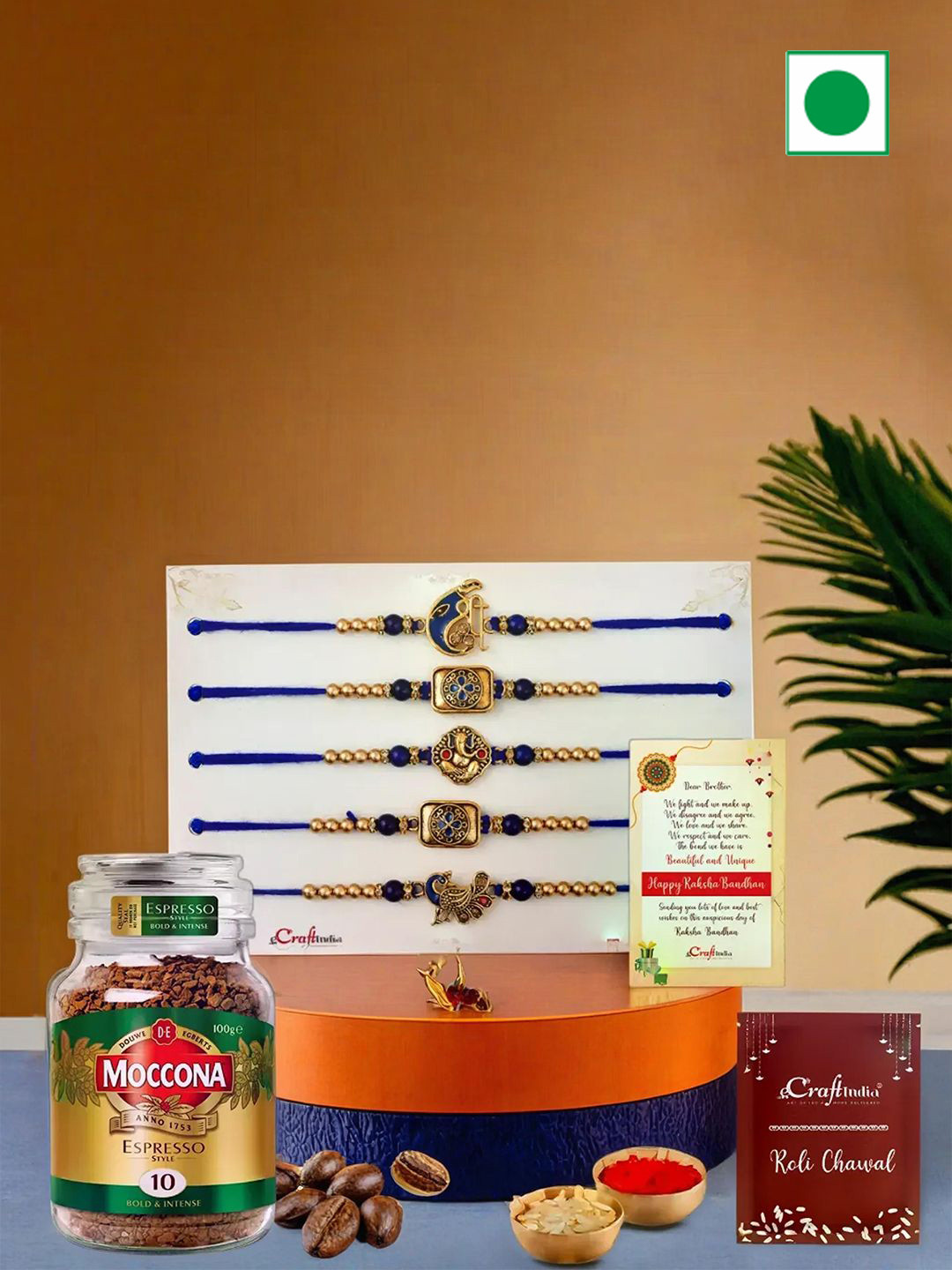 eCraftIndia Set of 5 Shri Ganesha Peacock Flute Floral Rakhi With Coffee Jar